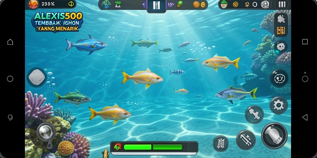 Screenshot gameplay ALEXIS500 menunjukkan aksi menembak ikan yang seru.