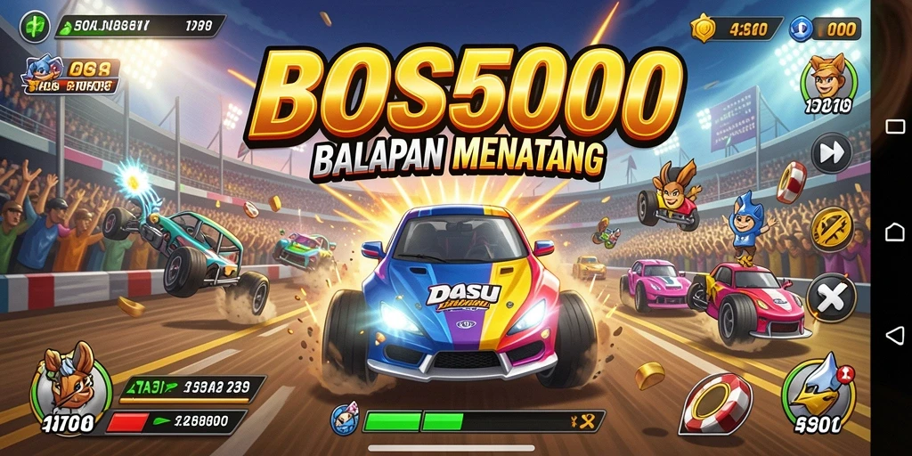 Tampilan gameplay seru di BOS5000 dengan mobil balap.