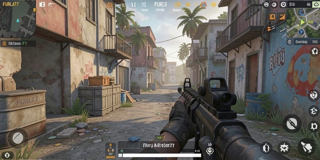 Tampilan gameplay mendebarkan di FURLA77 dengan aksi FPS yang intens.