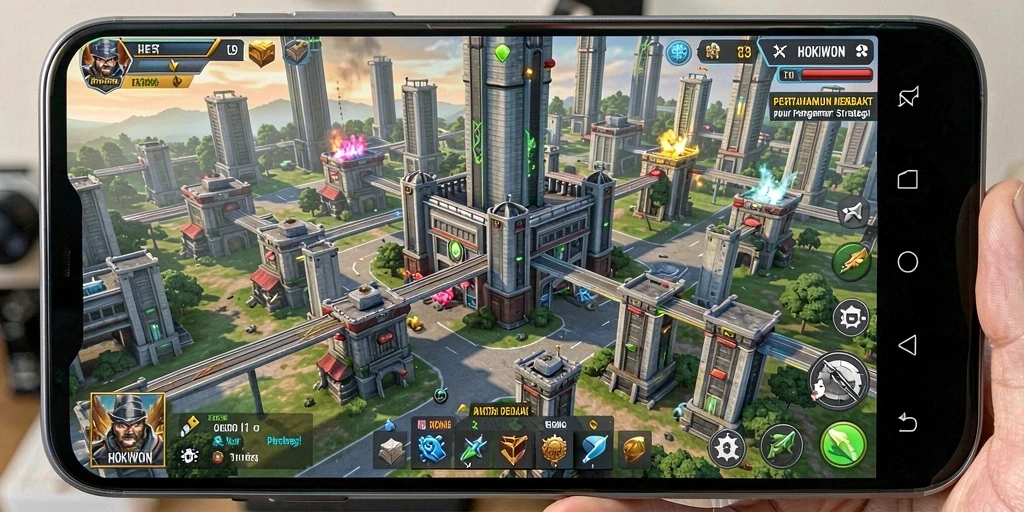 Screenshot HOKIWON menampilkan aksi seru dari gameplay Tower Defense.