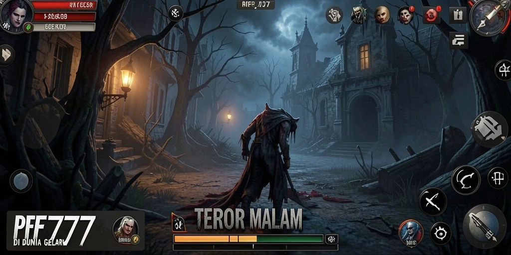 Screenshot utama menunjukkan karakter utama melawan makhluk menakutkan di kegelapan.