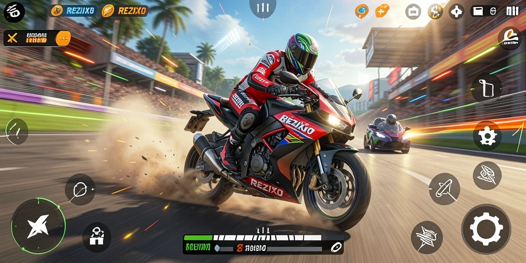 Gameplay seru REZIXO menampilkan balapan motor yang mendebarkan.